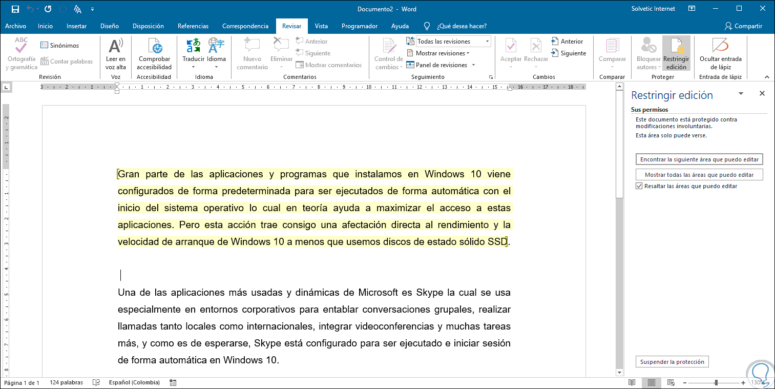 Cómo bloquear parte de un texto en Word 2019 y Word 2016 Solvetic