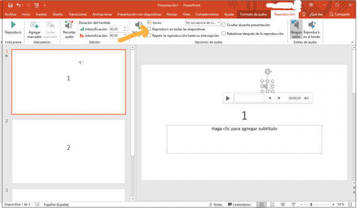 Poner música en un determinado número de diapositivas power point 2016