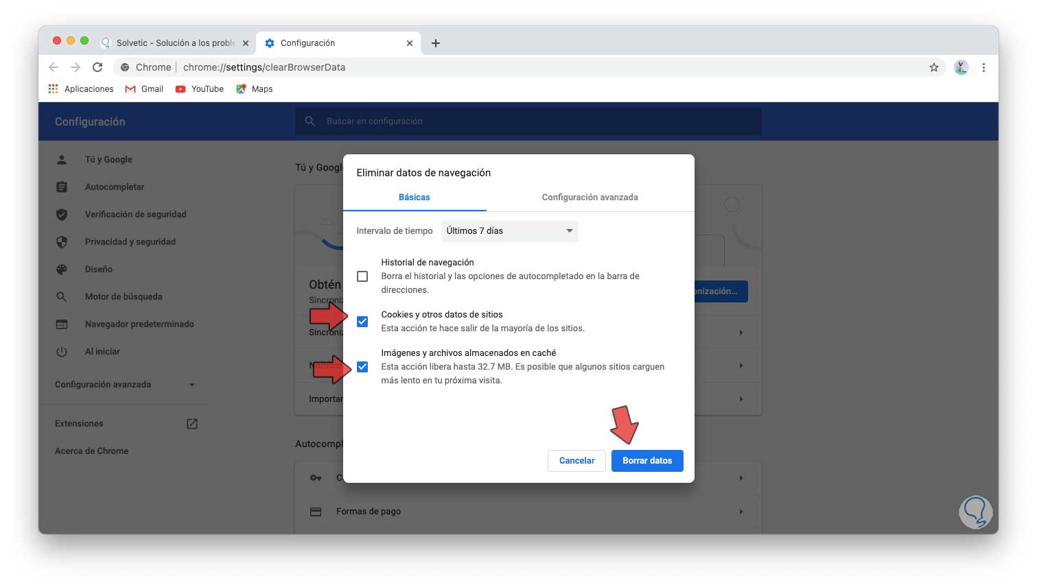 Cómo borrar Caché o Cookies en Google Chrome Mac Solvetic