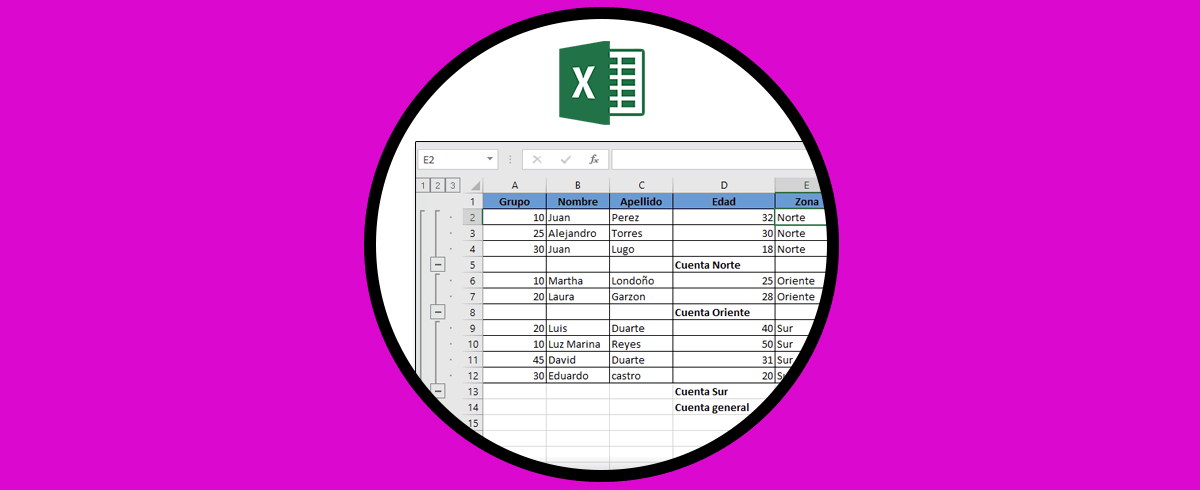 Agrupar celdas, columnas y subtotal de cantidades Excel 2016