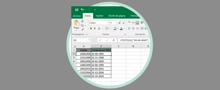 Convertir números en texto fecha con Excel 2016